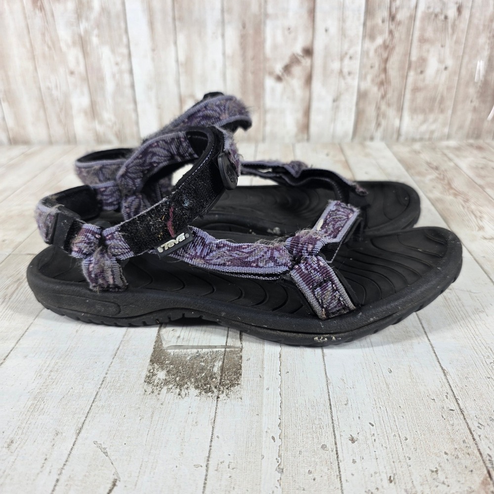 Teva Hurricane 6455 Purple Patterned Sport Sandals Womens‎ Size 8 Black Strap